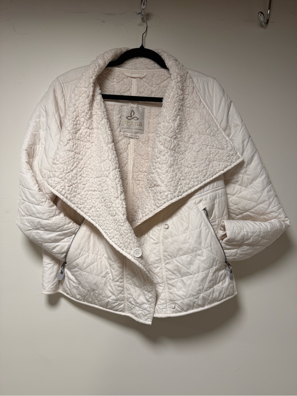 PrAna Ivory Cream Quilted Sherpa-Trim Asymmetrical Moto Jacket S/M/L